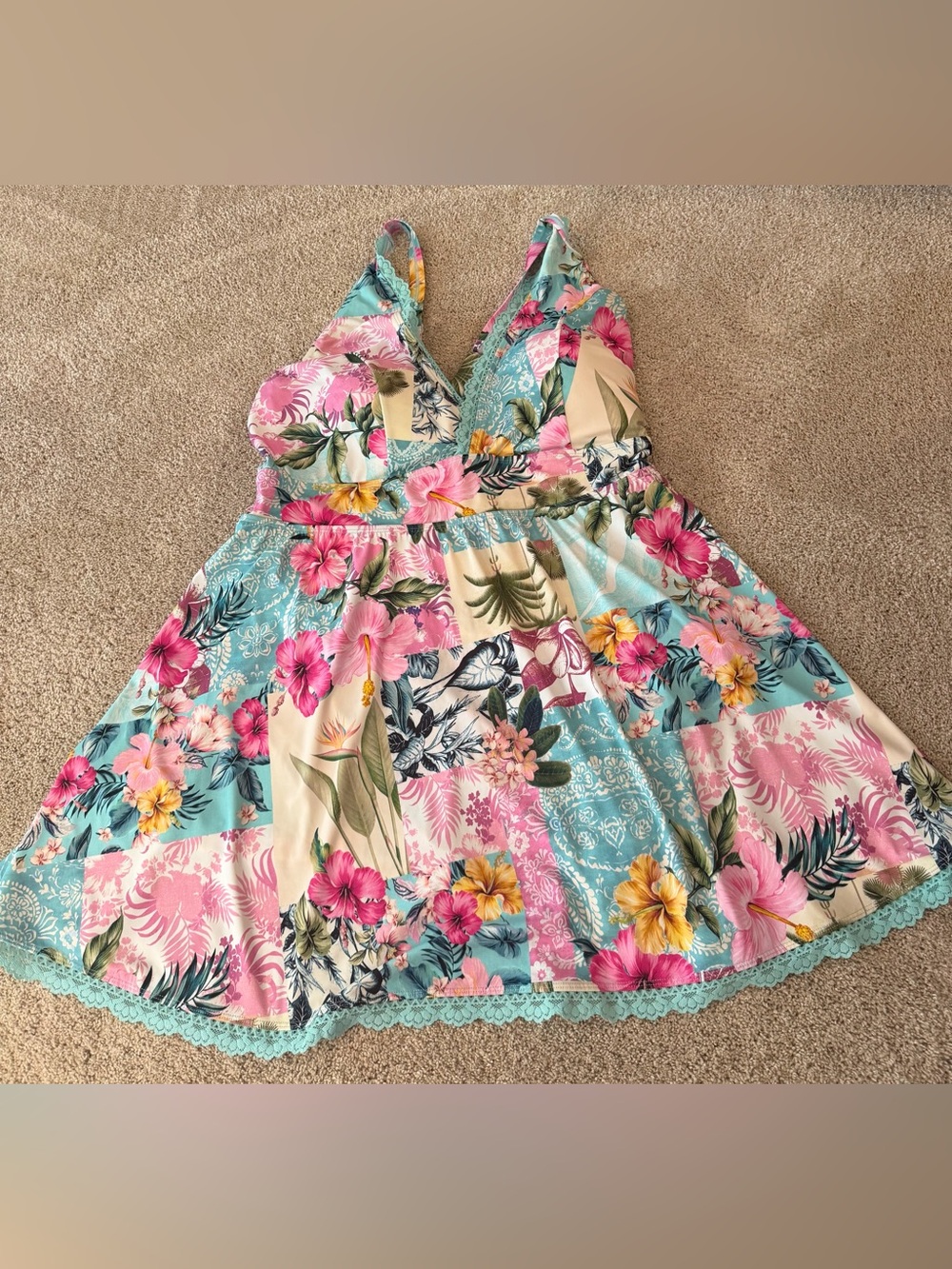 Torrid Floral One-Piece Swimsuit Dress in Aqua, Pink & Cream size 5 - Picture 2 of 13